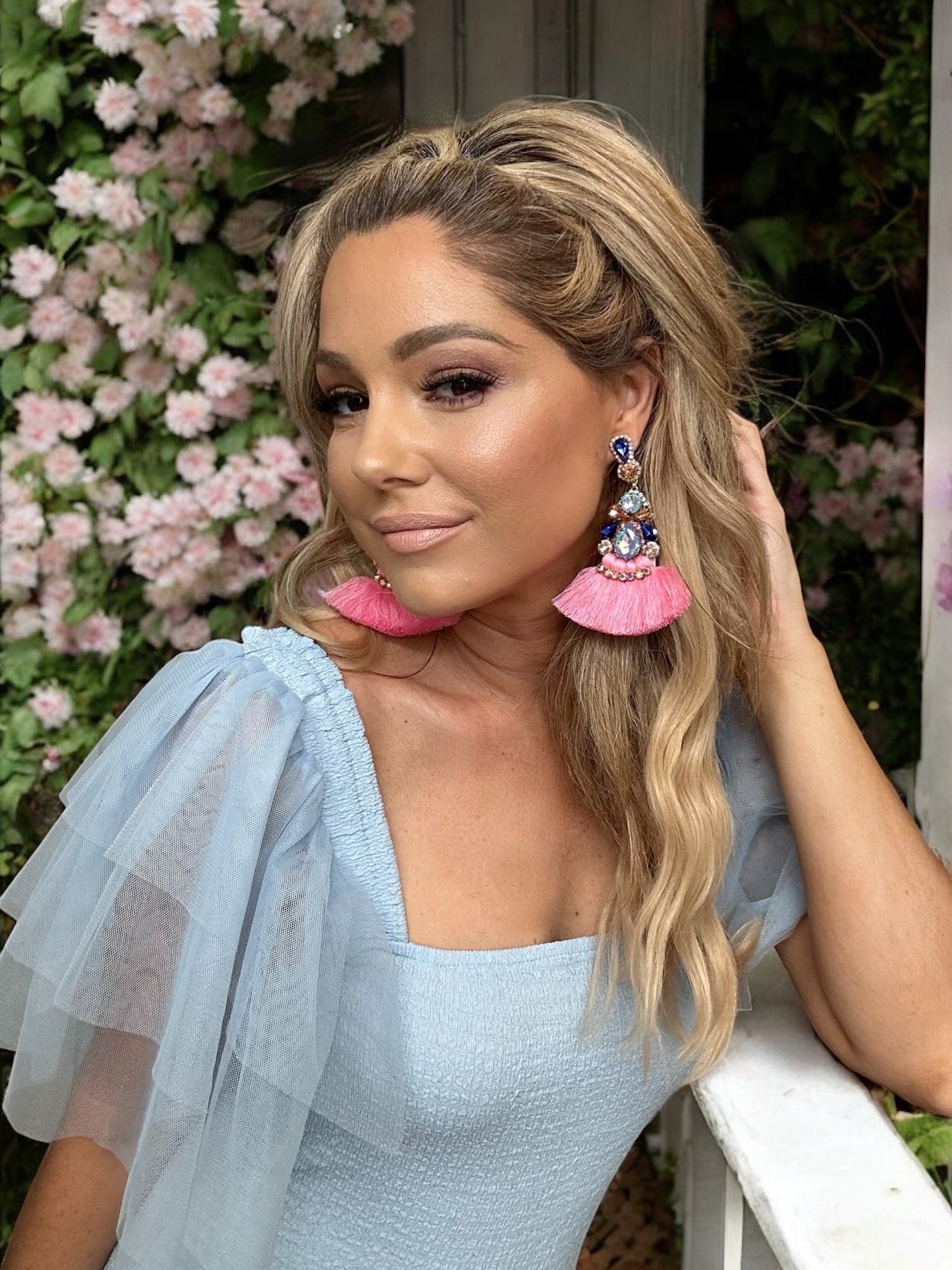 Pink and Blue Crystal Rhinestone Fan Tassel Earrings