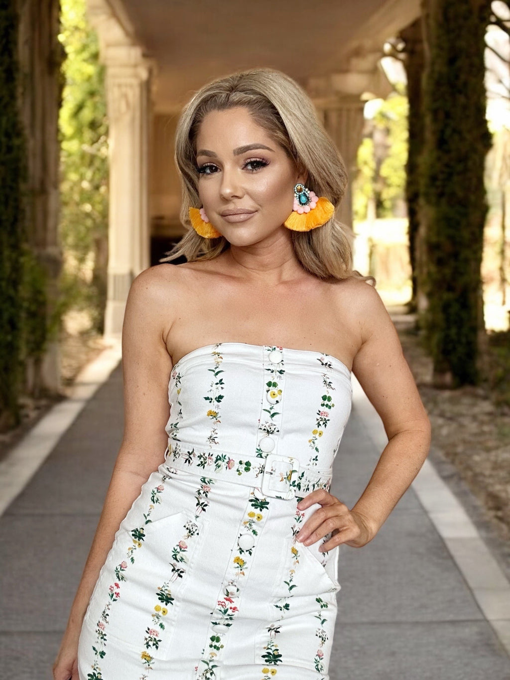 Gold & Turquoise Pompom Rhinestone Crystal Fan Tassel Earrings