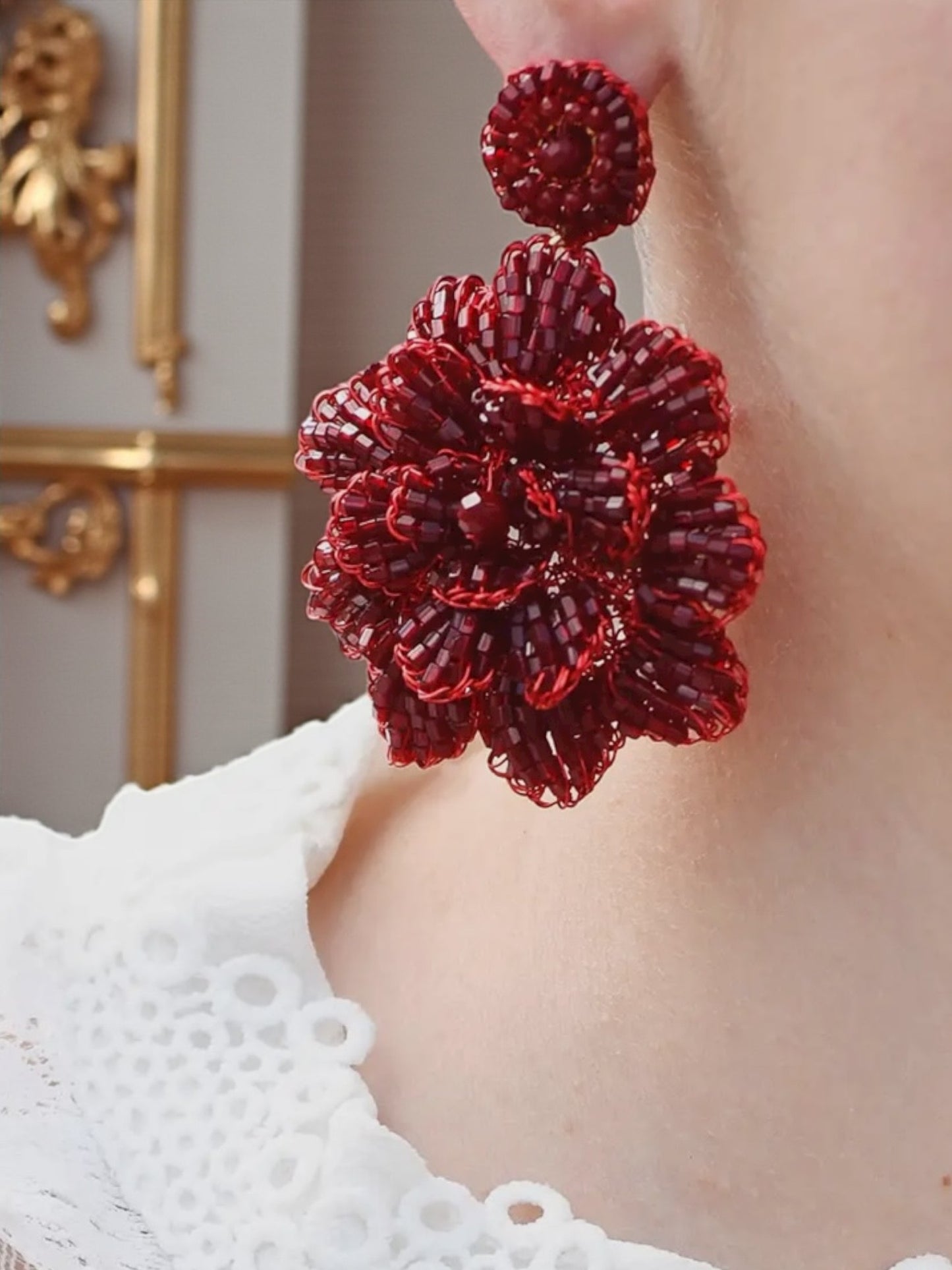 Red Velvet Blossom Handmade Crochet Large Earrings