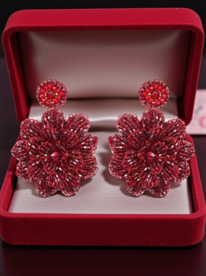Red Velvet Blossom Handmade Crochet Large Earrings