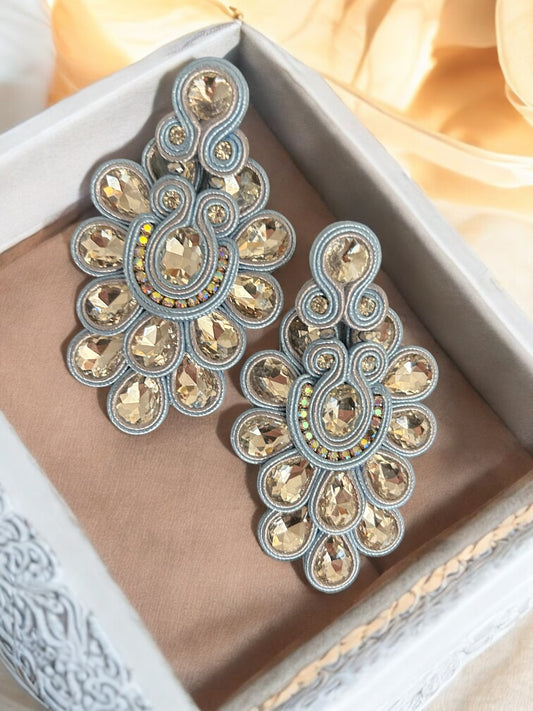 Pale Blue Soutache Rhinestone Earrings