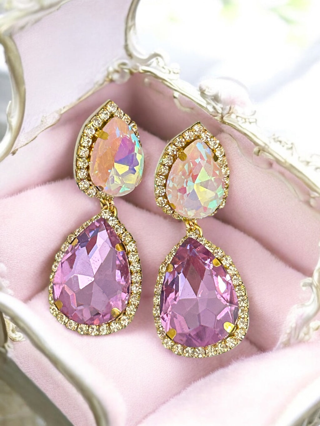 Lilac Teardrop Rhinestone Crystal Earrings