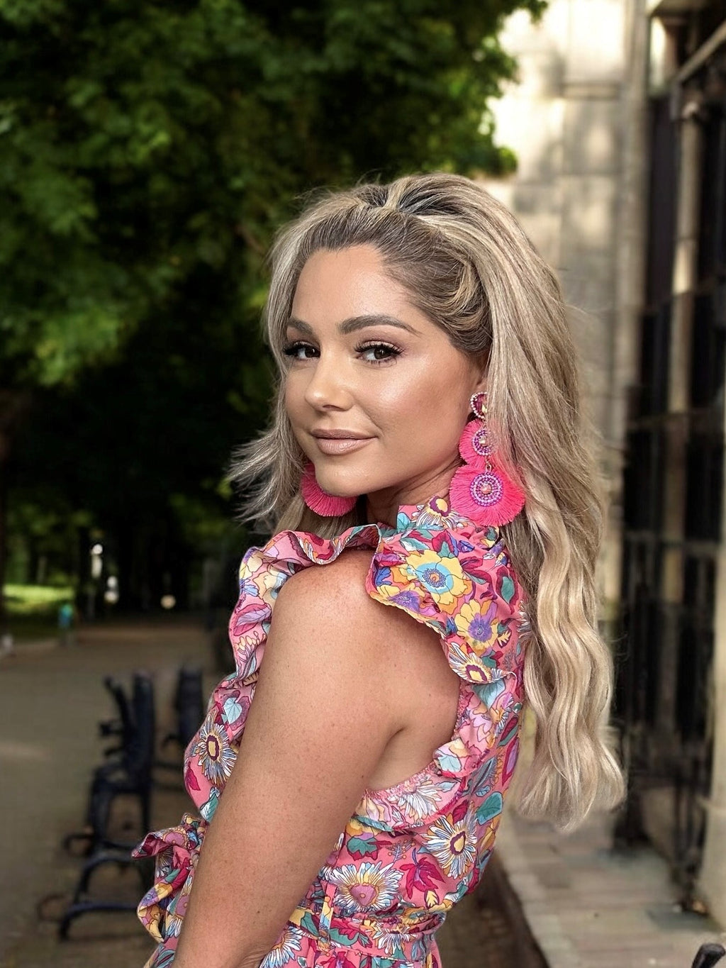 Pink Crystal Rhinestone Double Fan Tassel Earrings