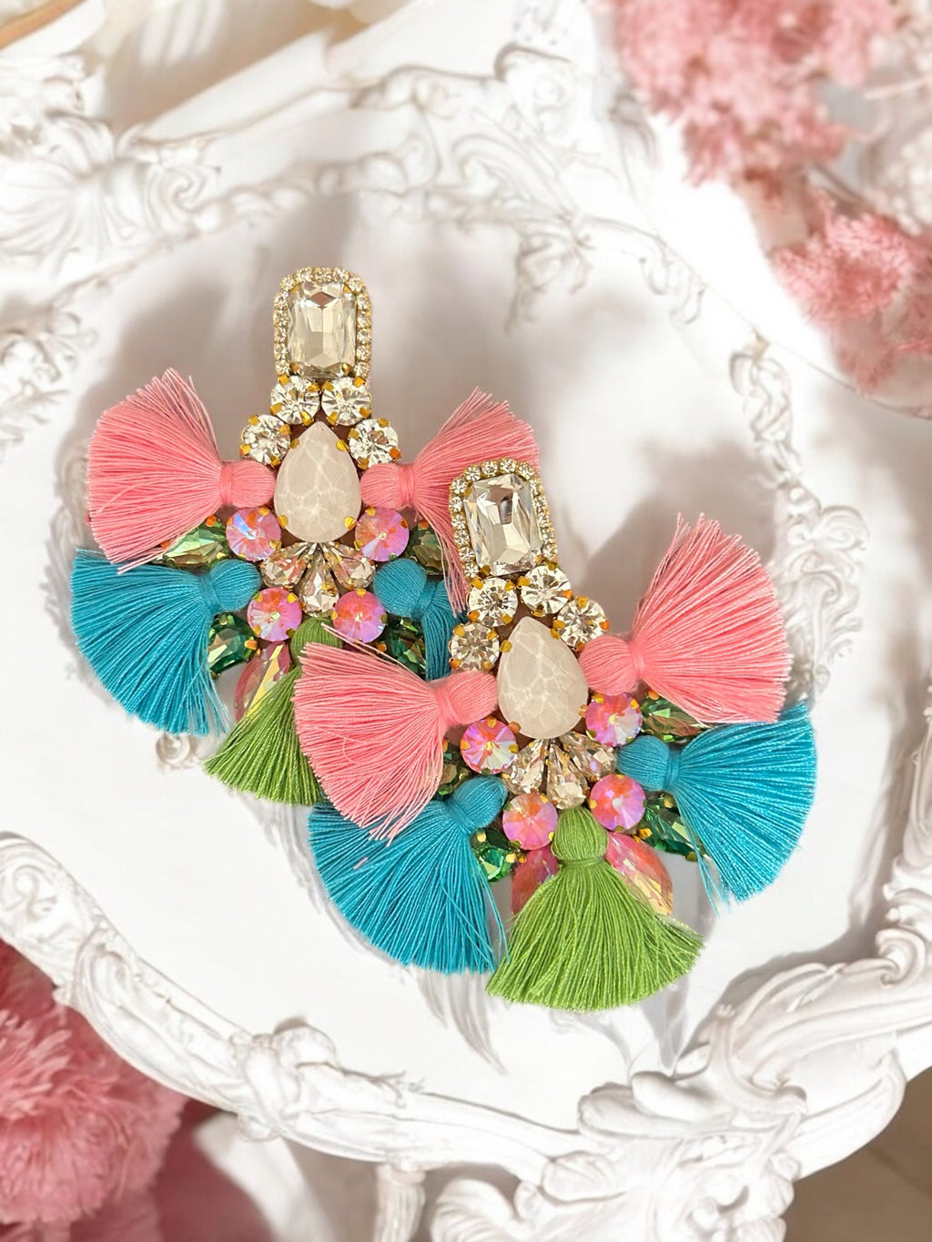 Pink Blue and Green Crystal Rhinestone Fan Tassel Earrings