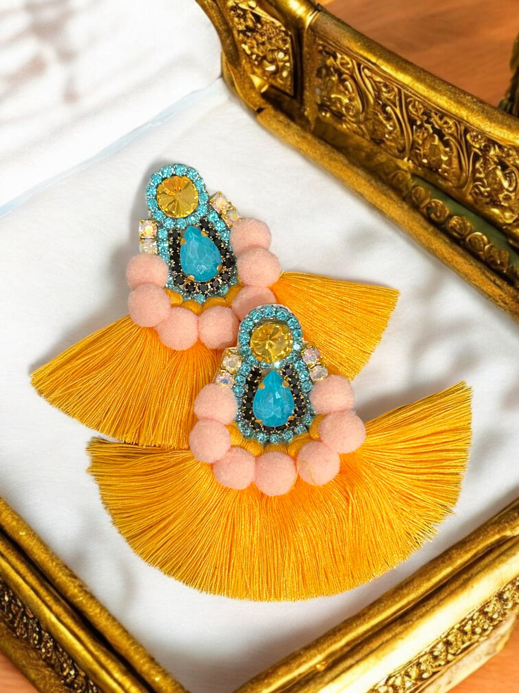 Gold & Turquoise Pompom Rhinestone Crystal Fan Tassel Earrings
