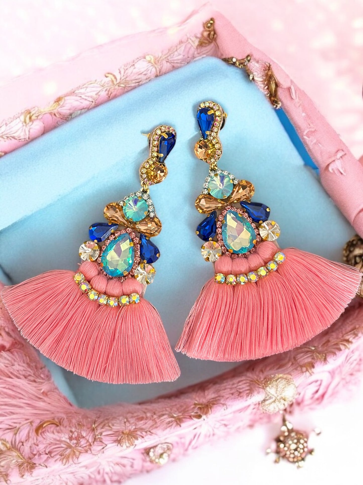 Pink and Blue Crystal Rhinestone Fan Tassel Earrings