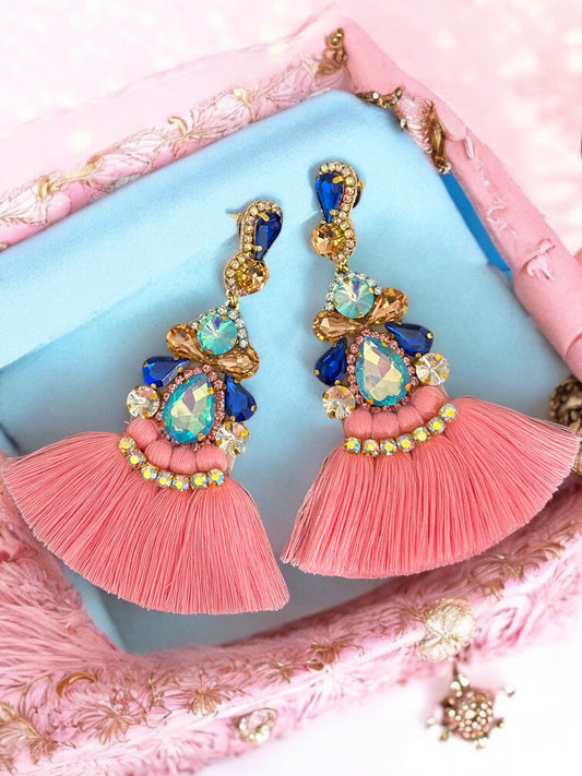 Pink and Blue Crystal Rhinestone Fan Tassel Earrings