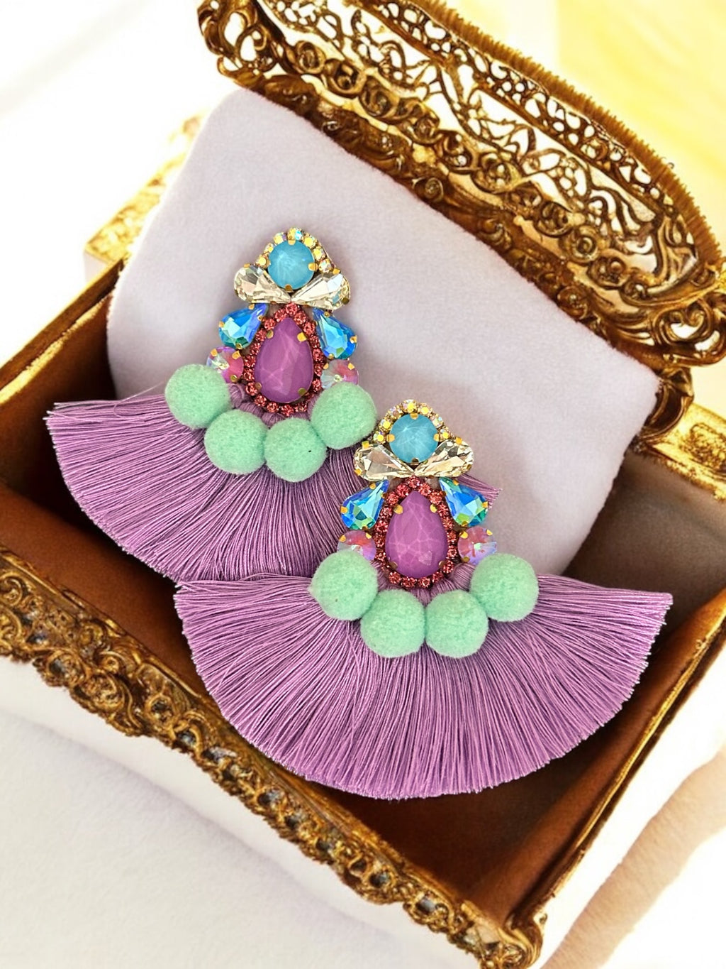 Purple Pompom Rhinestone Crystal Fan Tassel Earrings