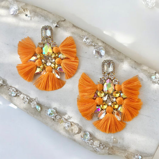Orange Crystal Rhinestone Fan Tassel Earrings