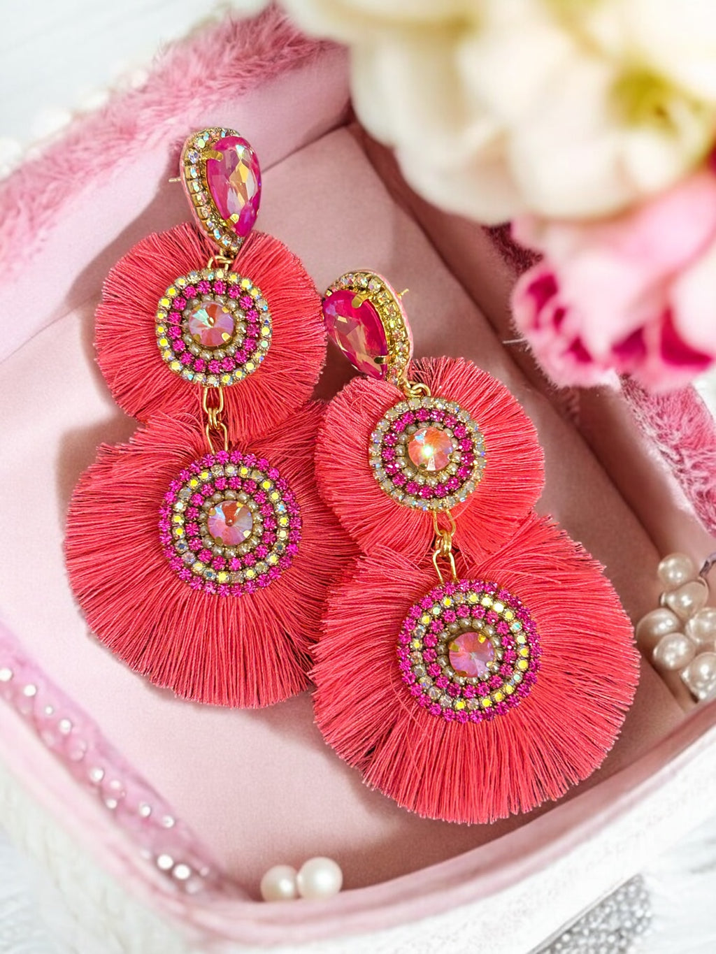 Pink Crystal Rhinestone Double Fan Tassel Earrings