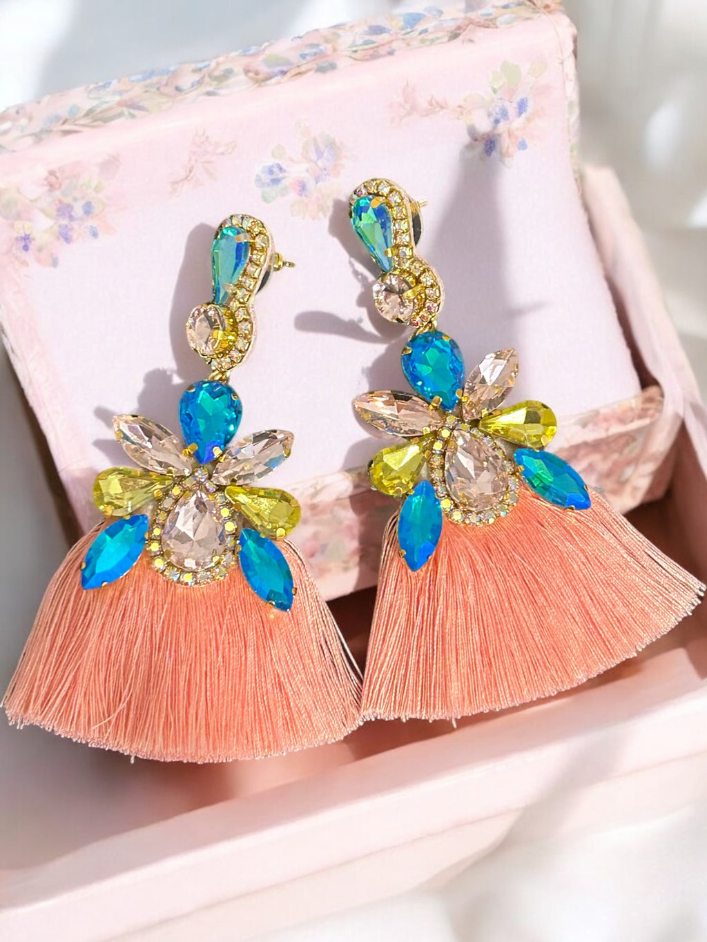 Coral Pink and Blue Crystal Rhinestone Fan Tassel Earrings