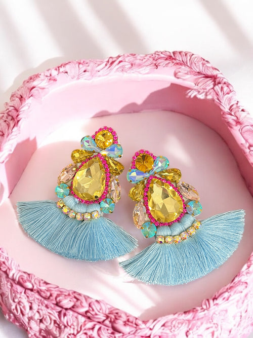 Blue Rhinestone Crystal Fan Tassel Earrings