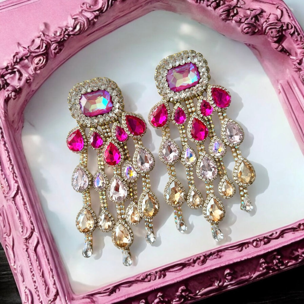 Pink Crystal Rhinestone Tassel Earrings