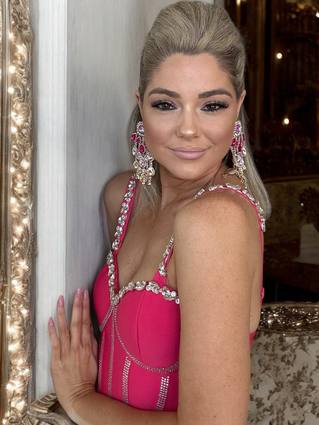 Pink Crystal Rhinestone Tassel Earrings