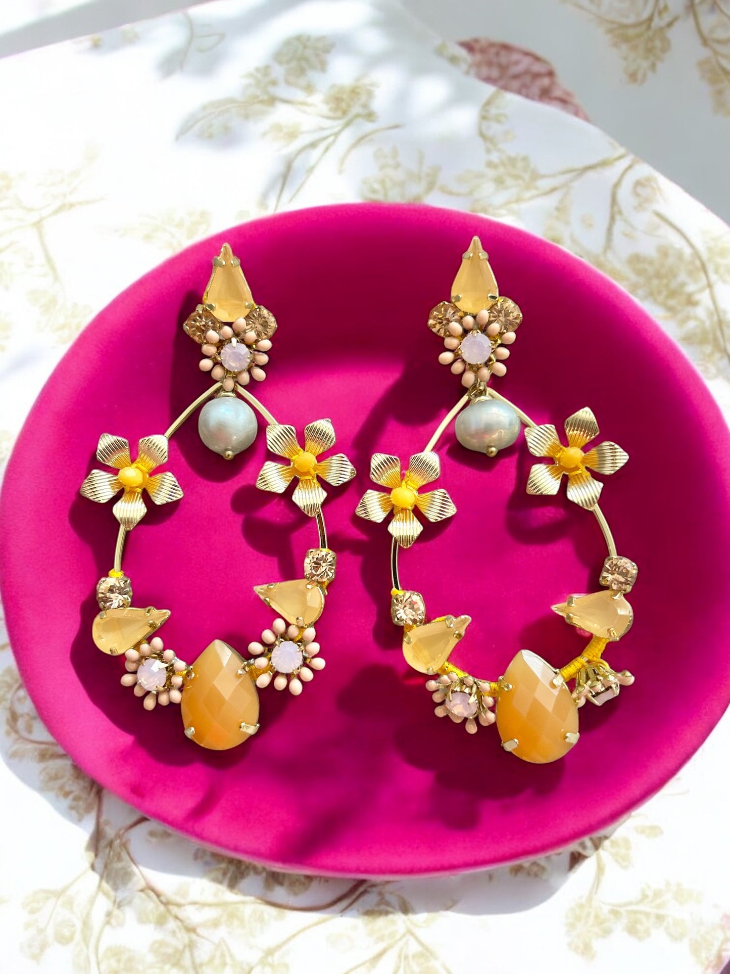 Coral Crystal & Pearl Drop Earringss