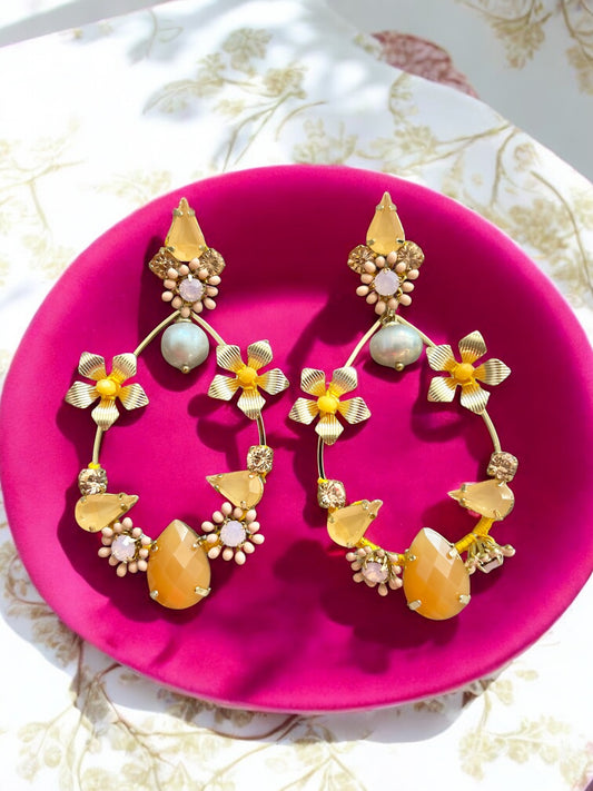 Coral Crystal & Pearl Drop Earringss