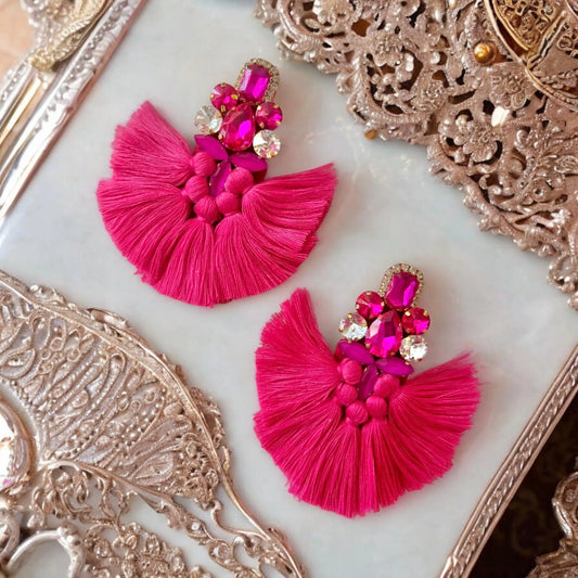 Hot Pink Crystal Rhinestone Fan Tassel Earrings