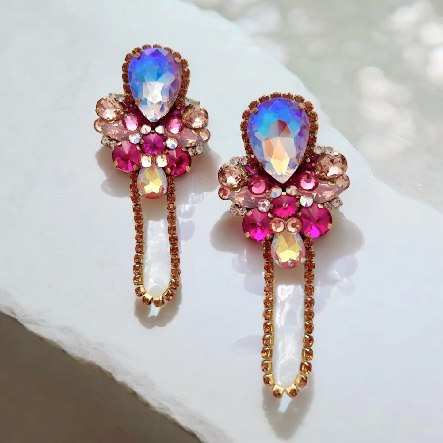 Pink Crystal Rhinestone Chain Chandelier Earrings