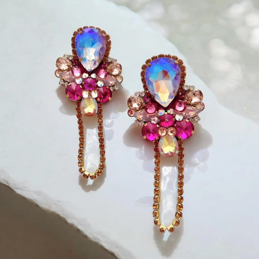 Pink Crystal Rhinestone Chain Chandelier Earrings