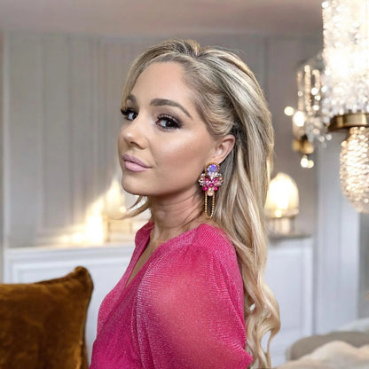 Pink Crystal Rhinestone Chain Chandelier Earrings