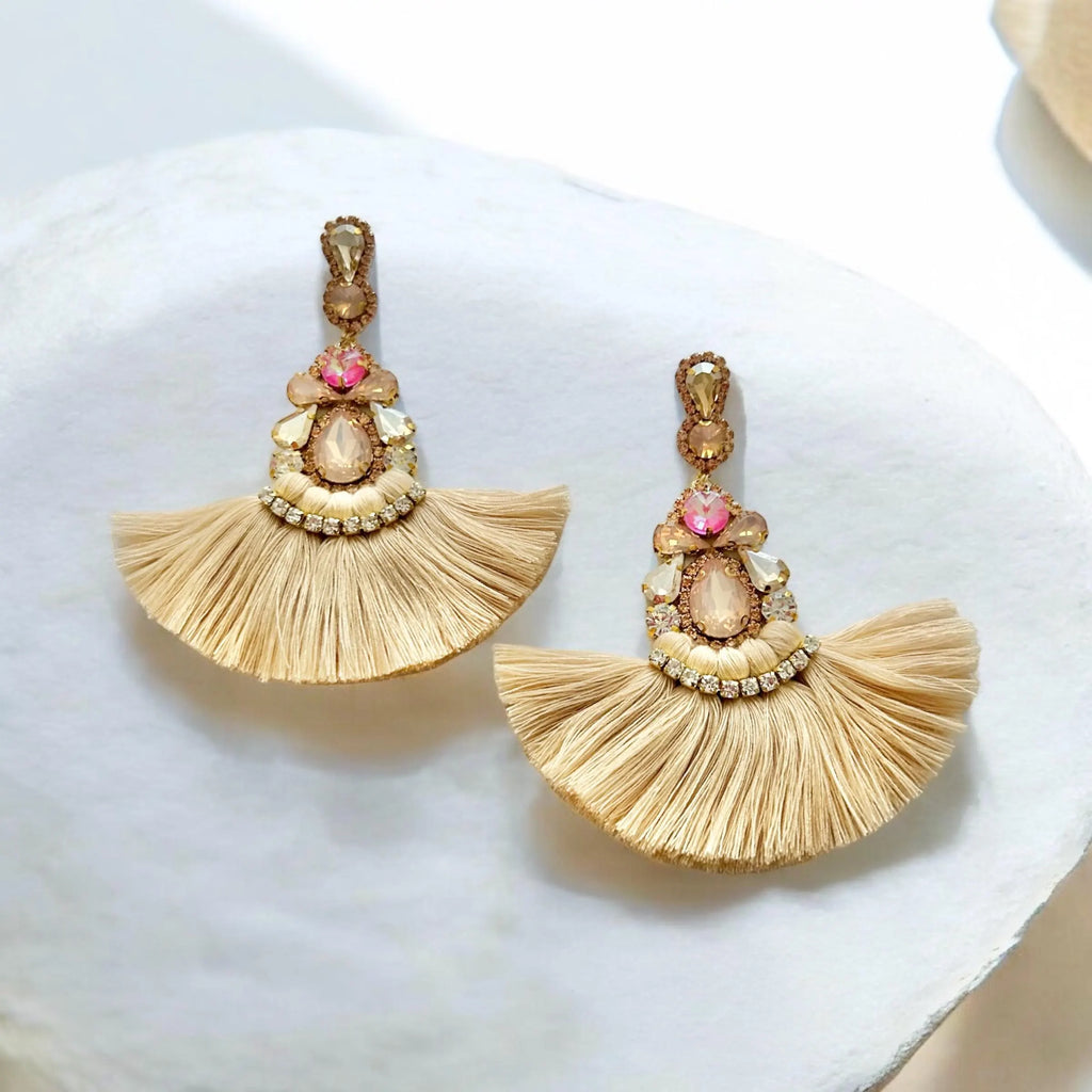 Tan Crystal Rhinestone Fan Tassel Earrings