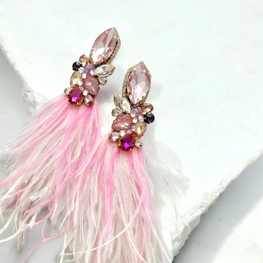 Pink Crystal Rhinestone Feather Dangle Earrings