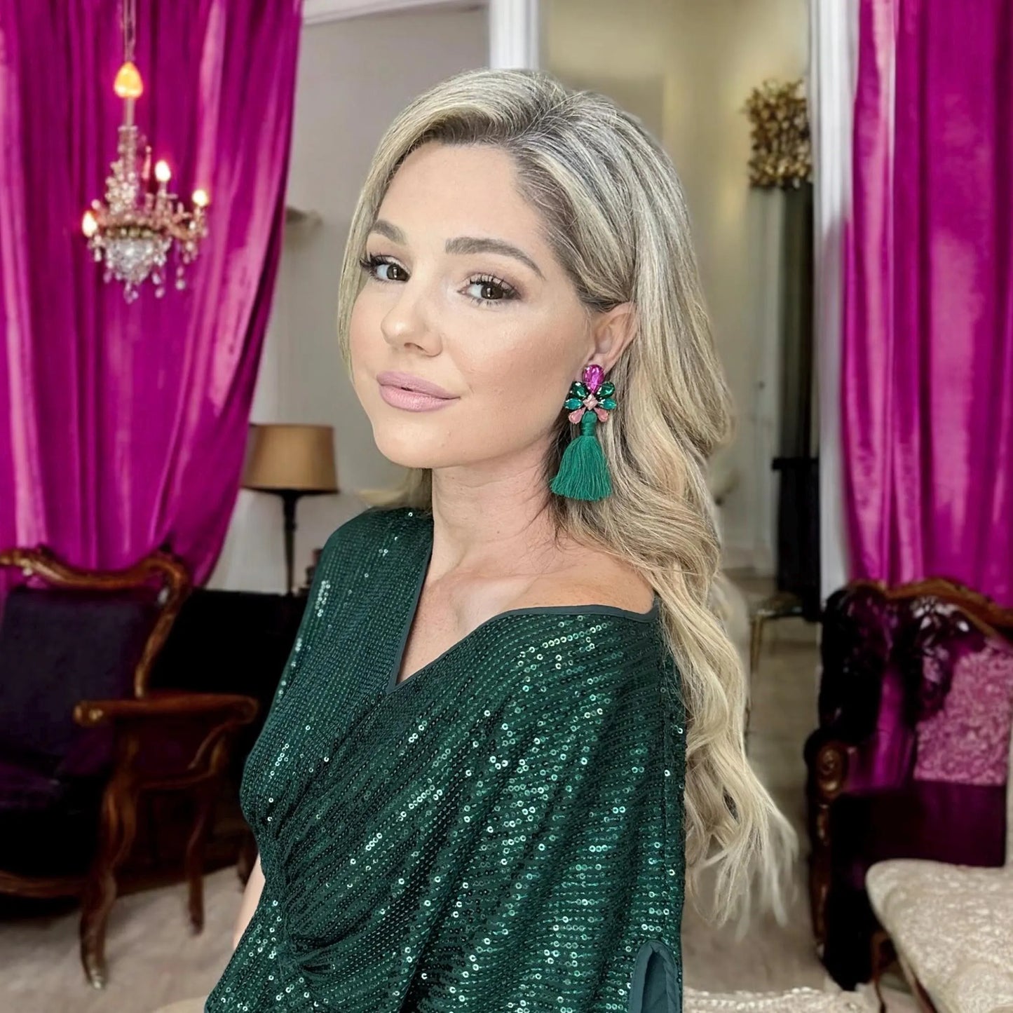 Green & Pink Rhinestone Tassel Earrings