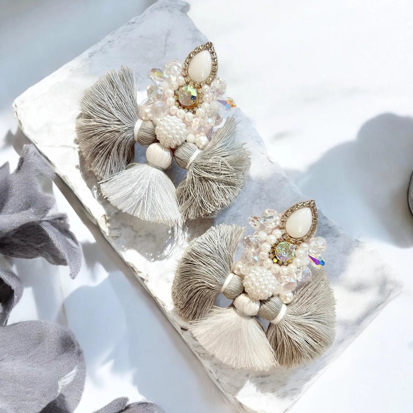 White & Grey Rhinestone Crystal Fan Tassel Earrings
