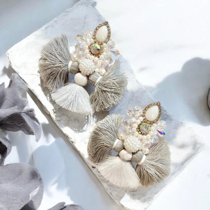 White & Grey Rhinestone Crystal Fan Tassel Earrings