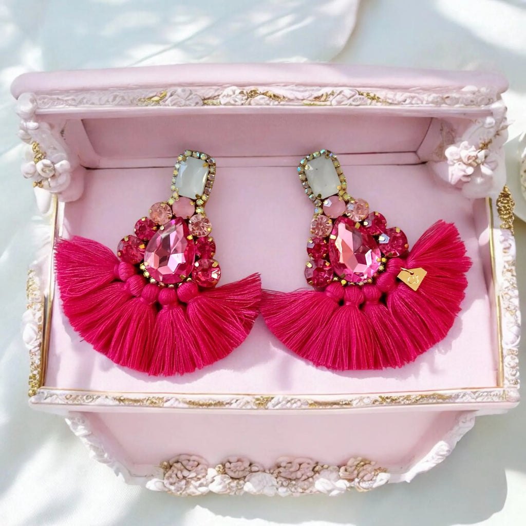 Pink Crystal Rhinestone Fan Tassel Earrings