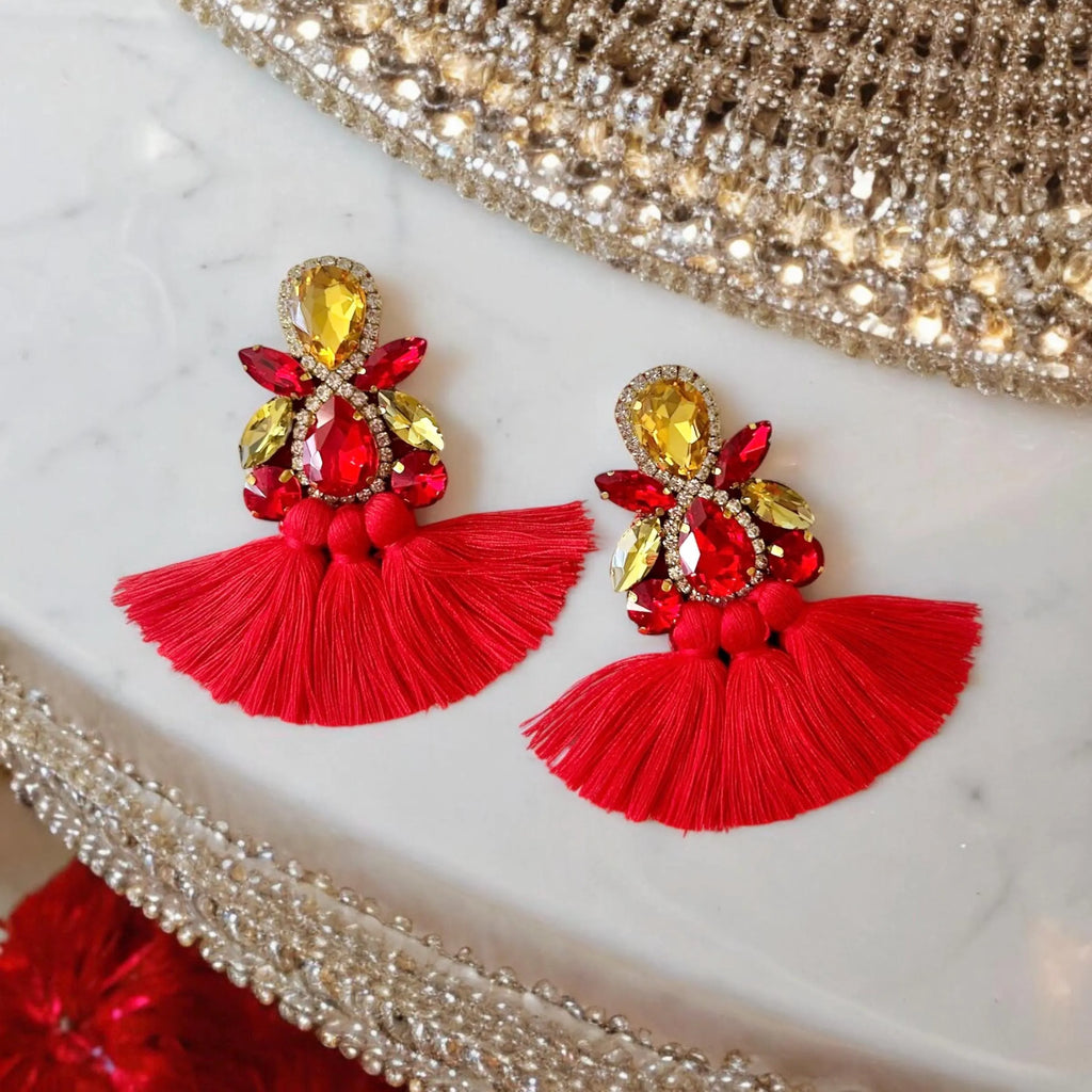 Red & Gold Rhinestone Crystal Fan Tassel Earrings