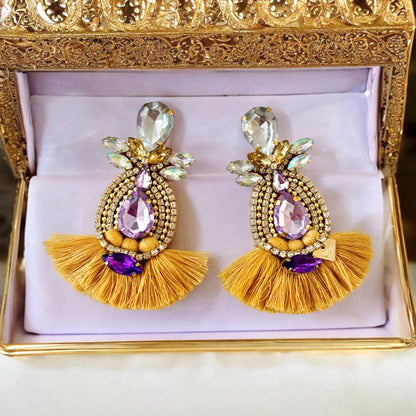 Purple & Gold Rhinestone Crystal Fan Tassel Earrings