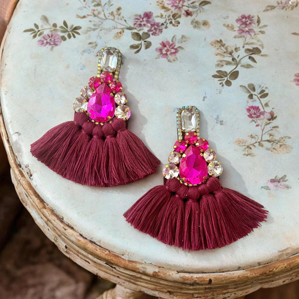 Pink & Burgundy Crystal Rhinestone Fan Tassel Earrings