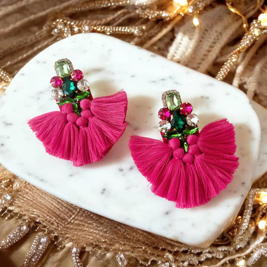 Hot Pink & Green Crystal Rhinestone Fan Tassel Earrings