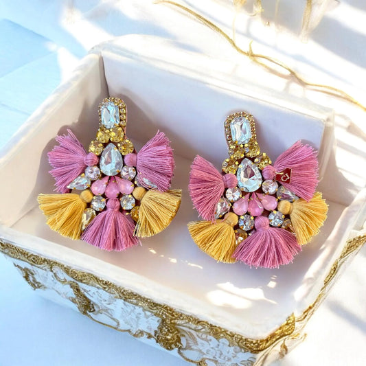 Pink & Gold Crystal Rhinestone Fan Tassel Earrings