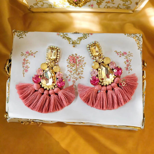 Pink & Gold Crystal Rhinestone Fan Tassel Earrings