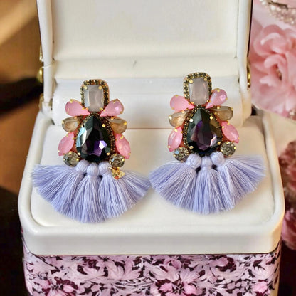 Pink & Purple Rhinestone Crystal Fan Tassel Earrings