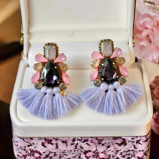 Pink & Purple Rhinestone Crystal Fan Tassel Earrings