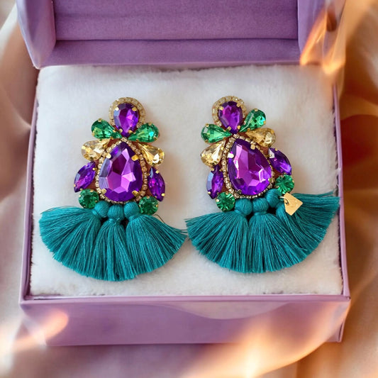 Purple & Green Rhinestone Crystal Fan Tassel Earrings