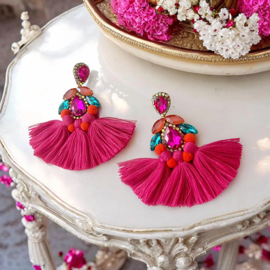 Pink & Turquoise Colorful Crystal Rhinestone Fan Tassel Earrings