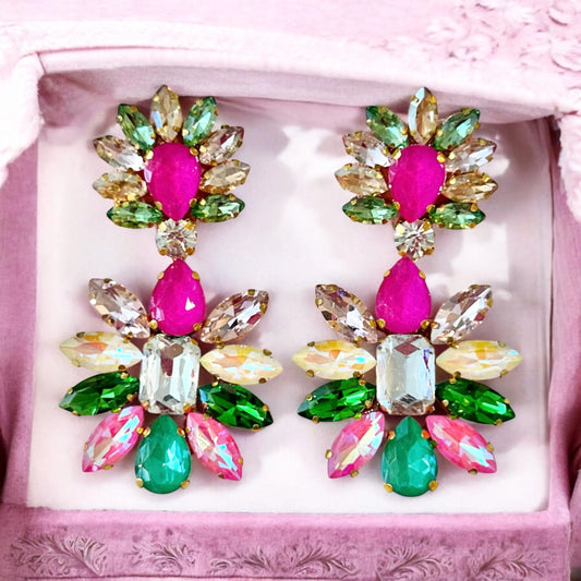 Pink & Green Rhinestone Chandelier Earrings