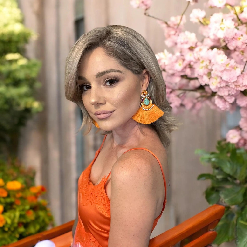 Orange & Turquoise Crystal Rhinestone Fan Tassel Earrings