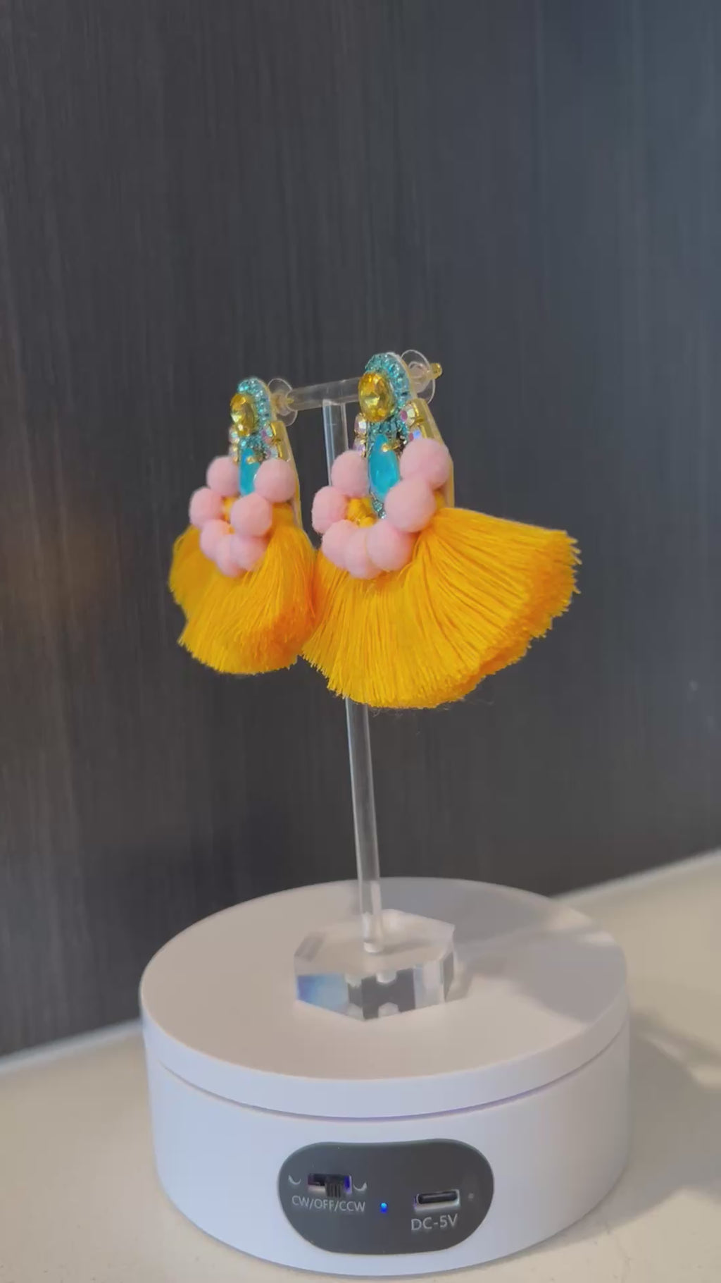 Gold & Turquoise Pompom Rhinestone Crystal Fan Tassel Earrings
