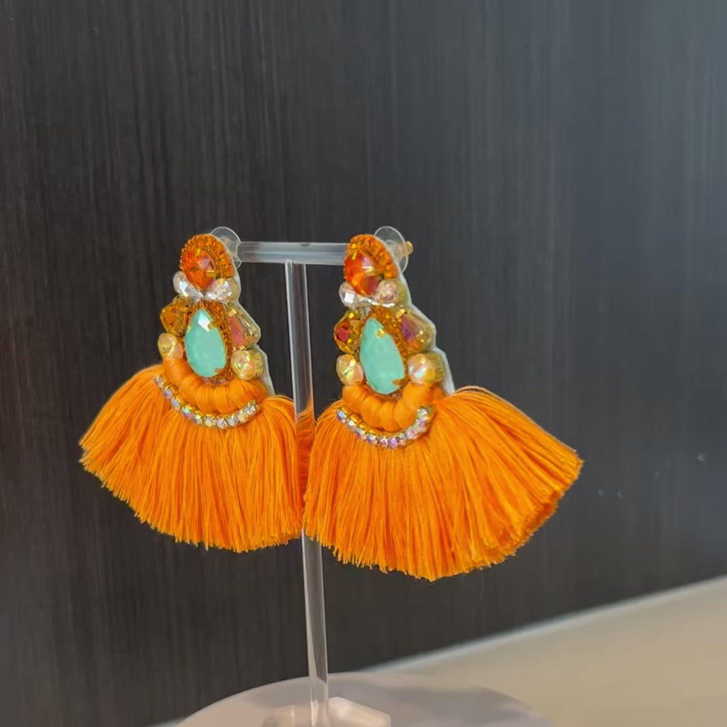 Orange & Turquoise Crystal Rhinestone Fan Tassel Earrings