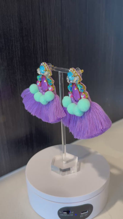 Purple Pompom Rhinestone Crystal Fan Tassel Earrings