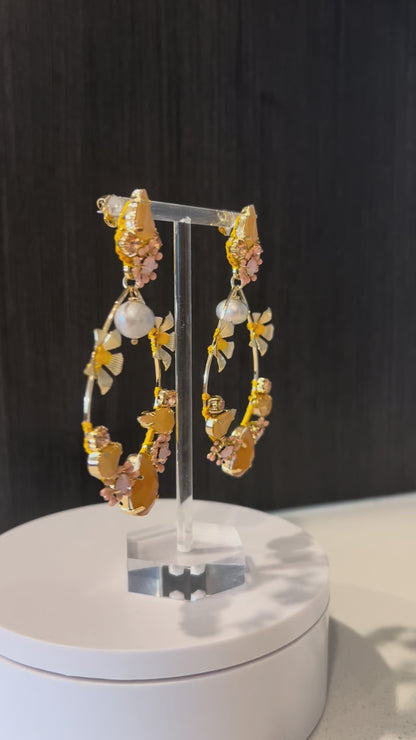 Coral Crystal & Pearl Drop Earringss