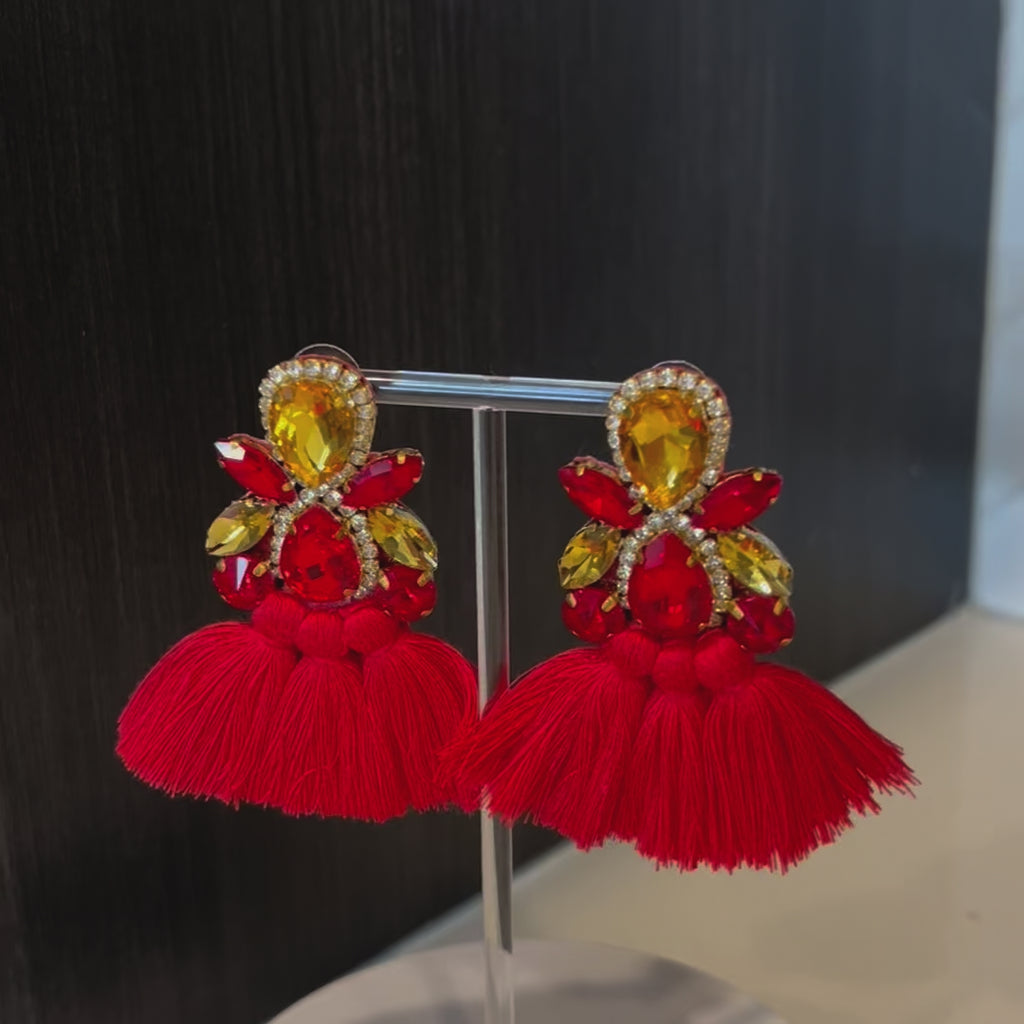 Red & Gold Rhinestone Crystal Fan Tassel Earrings