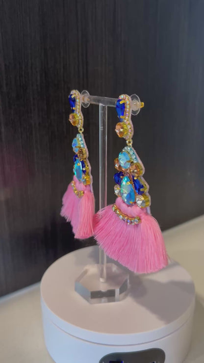 Pink and Blue Crystal Rhinestone Fan Tassel Earrings