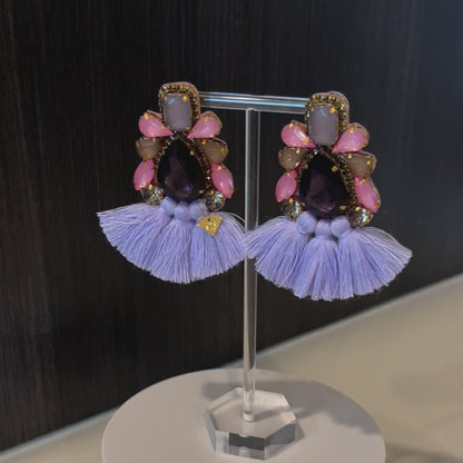 Pink & Purple Rhinestone Crystal Fan Tassel Earrings