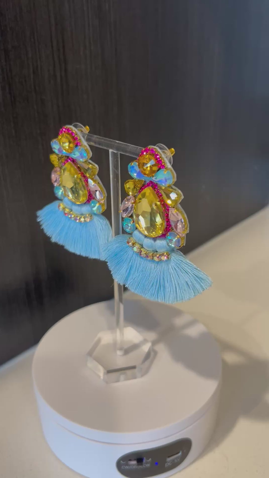 Blue Rhinestone Crystal Fan Tassel Earrings